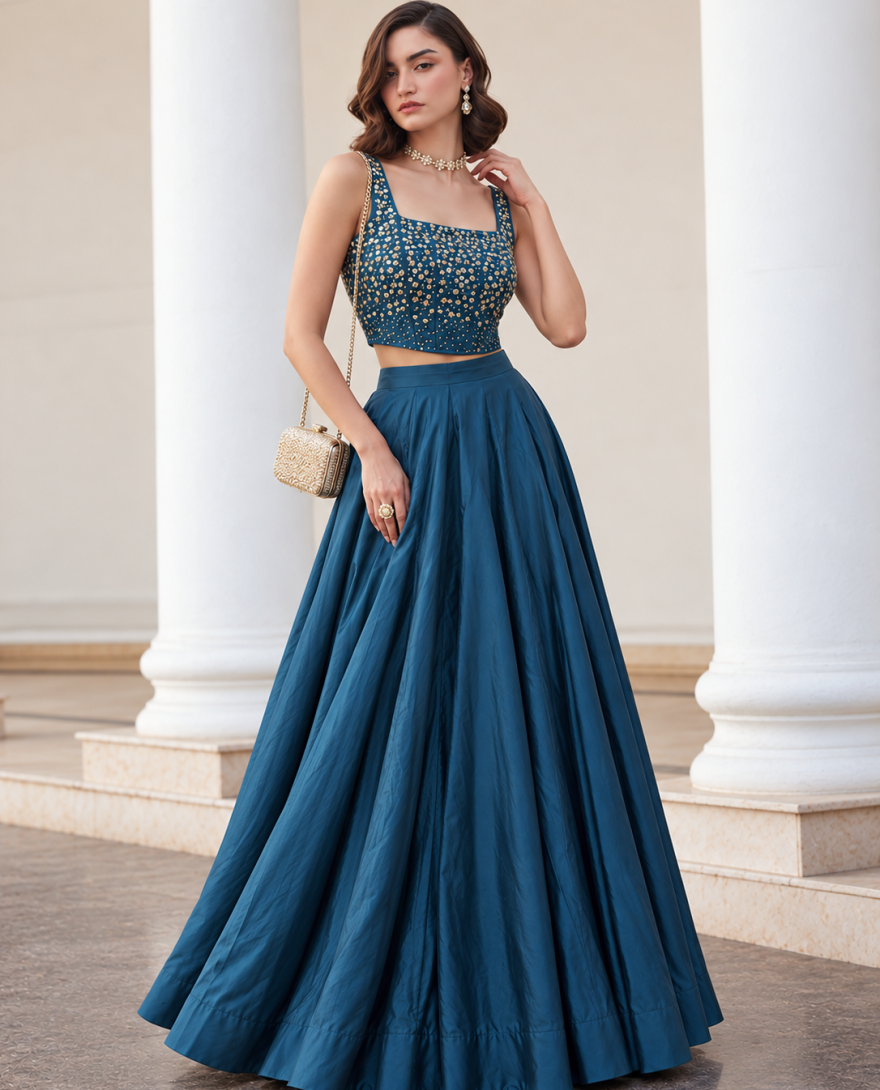 9005 Teal - Teal Silk Lehenga Choli In Plain Fabric